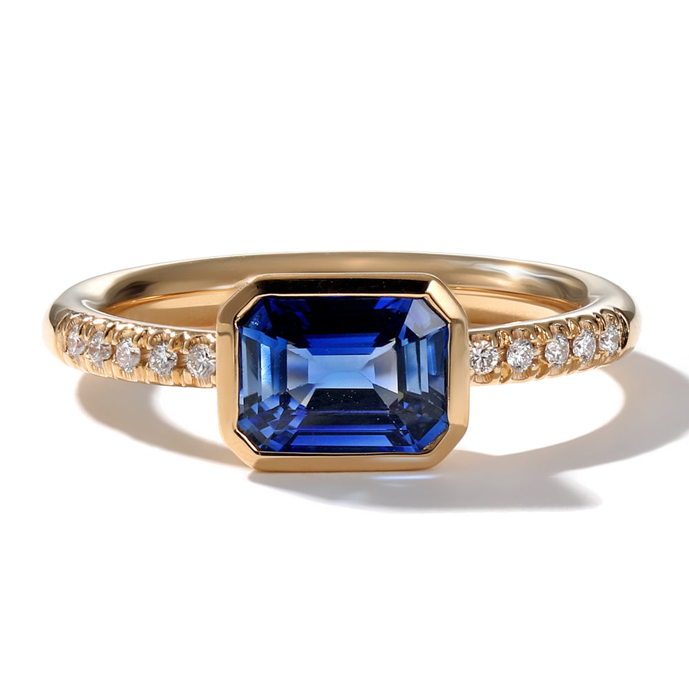 East-West Emerald Cut Sapphire and Diamond Bezel Ring– CD Peacock