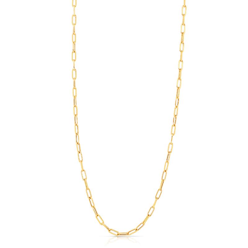 18k Yellow Designer Gold Alternating Polished & Fluted Paperclip Link Necklace