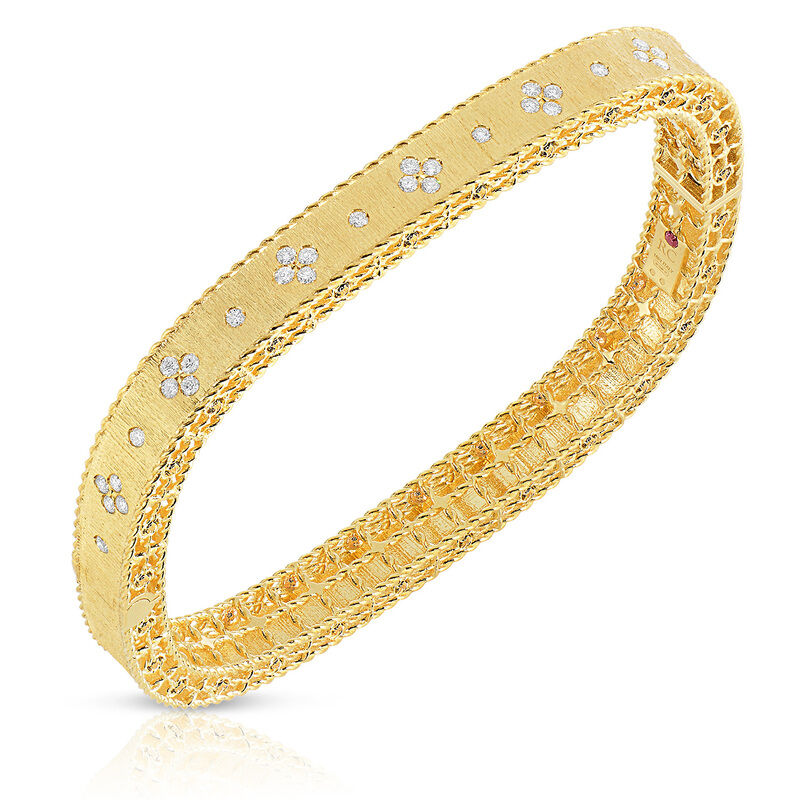 18k Yellow Gold Princess Satin Fleur De Lis Diamond Slim Bangle
