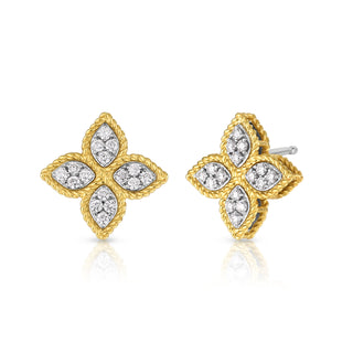 18K Yellow/White Gold Princess Flower Medium Diamond Stud Earrings thumbnail