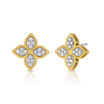 18K Yellow/White Gold Princess Flower Medium Diamond Stud Earrings