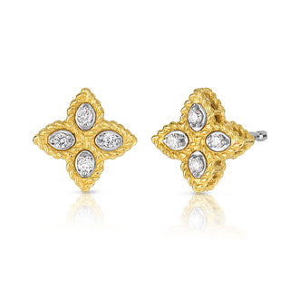 18k Yellow/white Gold Princess Flower Small Diamond Stud Earrings thumbnail