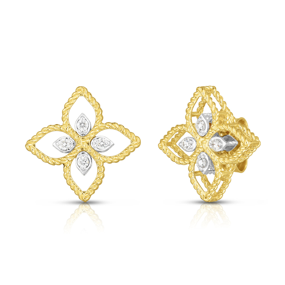 18K Yellow/White Gold Princess Flower Small Diamond Stud Earrings