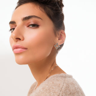 18K Rose Gold Petite Venetian Princess Black & White Diamond Flower Stud Earrings thumbnail