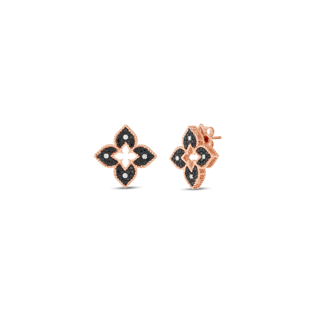 18K Rose Gold Petite Venetian Princess Black & White Diamond Flower Stud Earrings