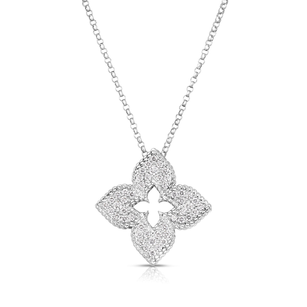 18K White Gold Venetian Princess Medium Pave Flower Necklace