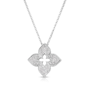 18K White Gold Venetian Princess Medium Pave Flower Necklace Roberto Coin