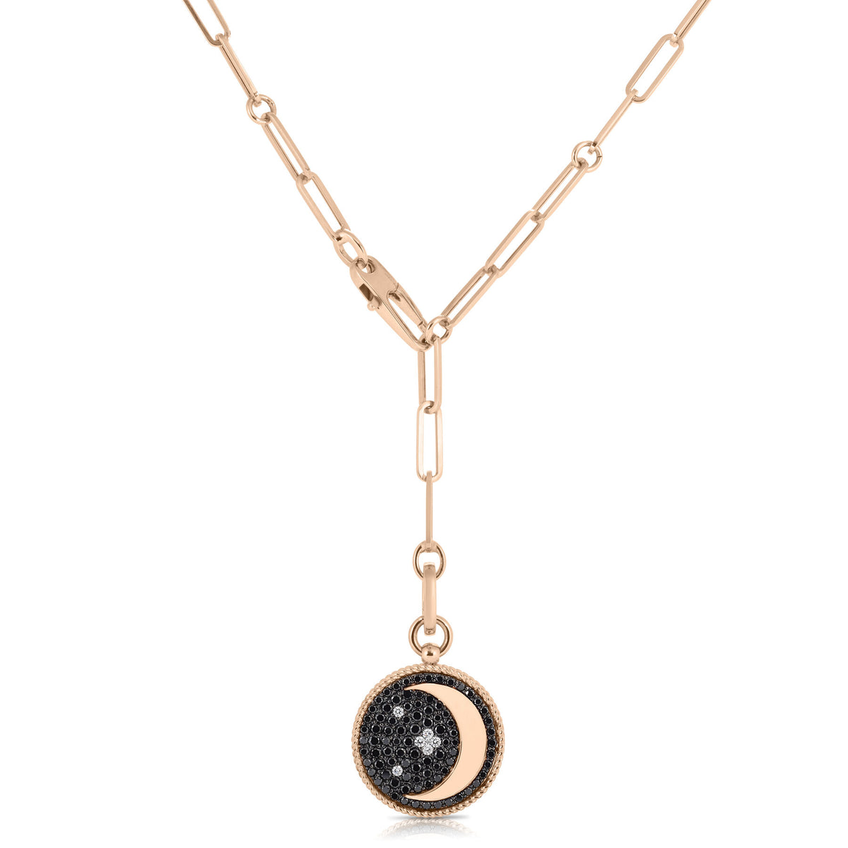 18K Rose Gold Venetian Princess Black & White Diamond Half Moon Medallion Necklace