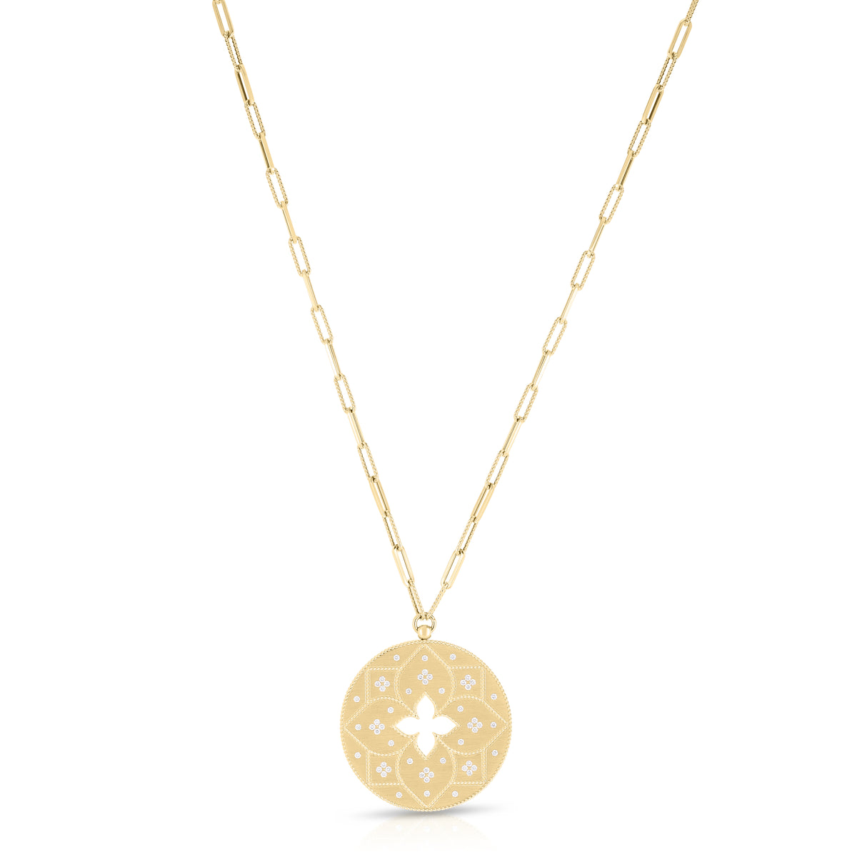 18k Yellow Gold Venetian Princess Diamond Etched Flower Medallion Long Necklace