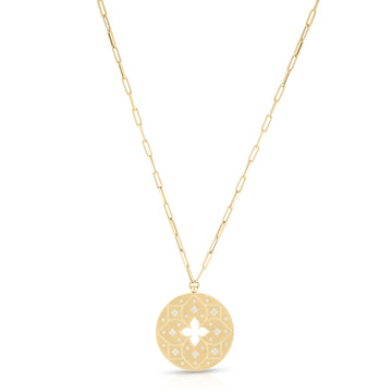 18k Yellow Gold Venetian Princess Diamond Etched Flower Medallion Long Necklace