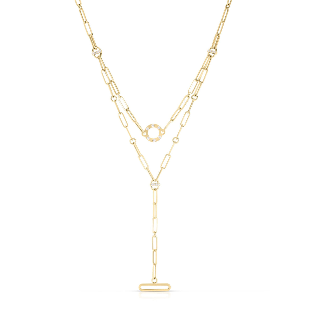 18K Yellow Designer Gold Diamond Double Dangle Paperclip Necklace