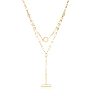 18K Yellow Designer Gold Diamond Double Dangle Paperclip Necklace