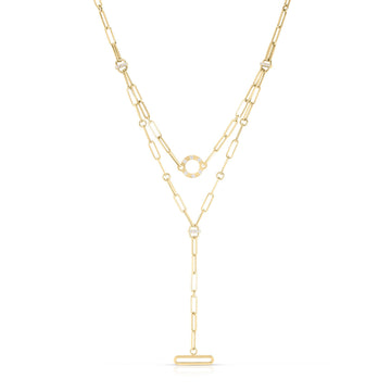 18K Yellow Designer Gold Diamond Double Dangle Paperclip Necklace