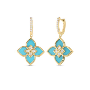 18K Yellow Gold Ventian Princess Diamond & Turquoise Drop Earrings