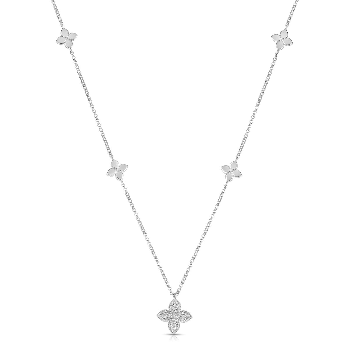 18k White Gold Love By The Inch Diamond & Polished Flower Station Necklace