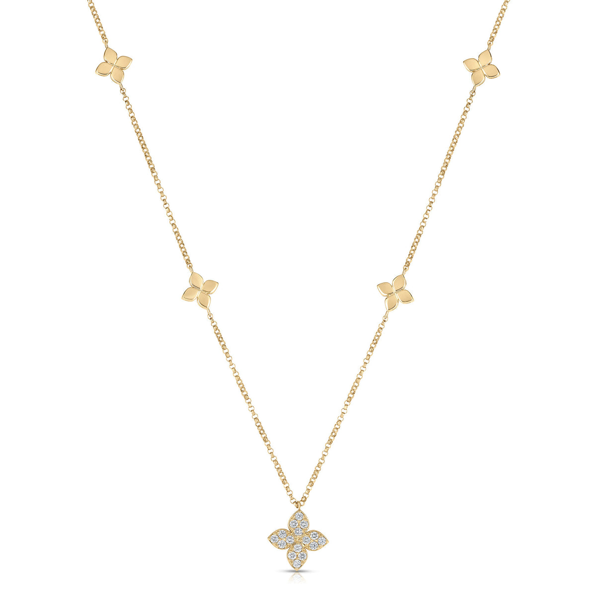 18K Yellow Gold Love By The Inch Diamond & Polished Flower Station Necklace