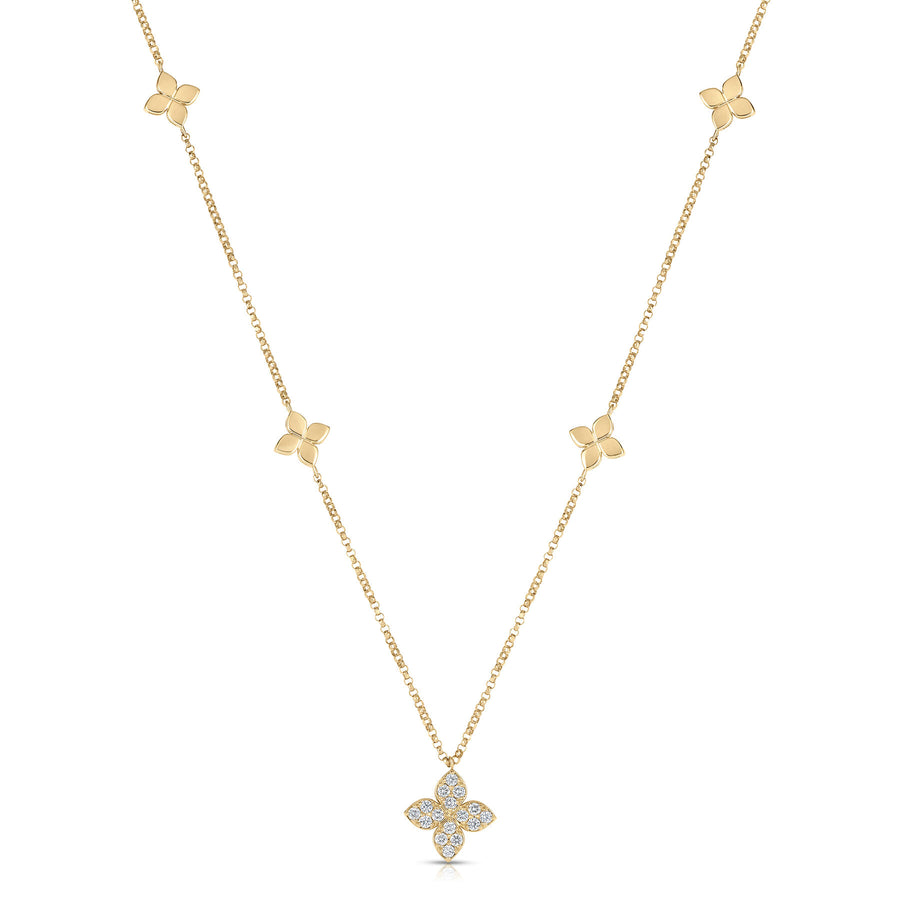 18K Yellow Gold Love By The Inch Diamond & Polished Flower Station Necklace