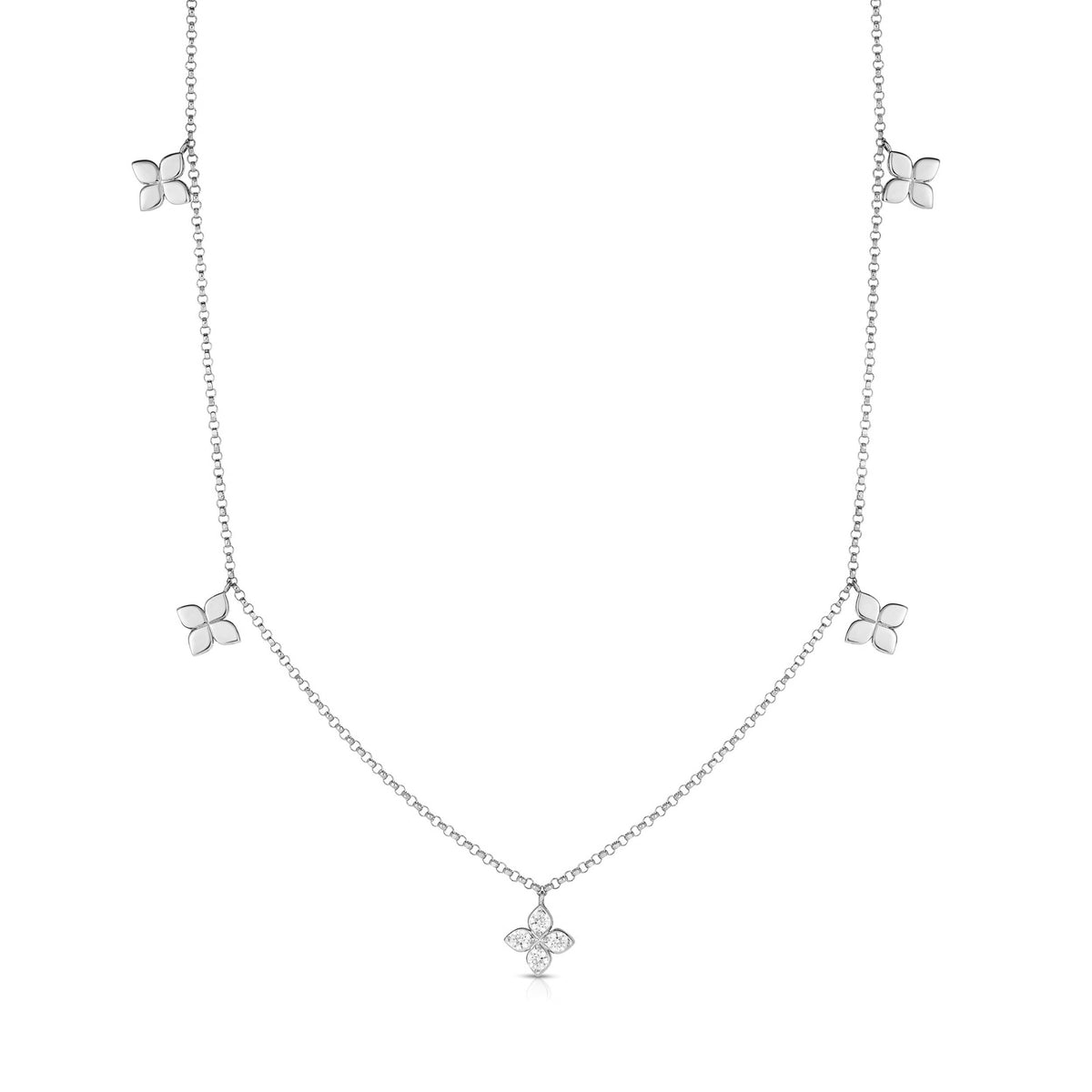 18k White Gold Love By The Inch Diamond & Polished Flower Station Necklace