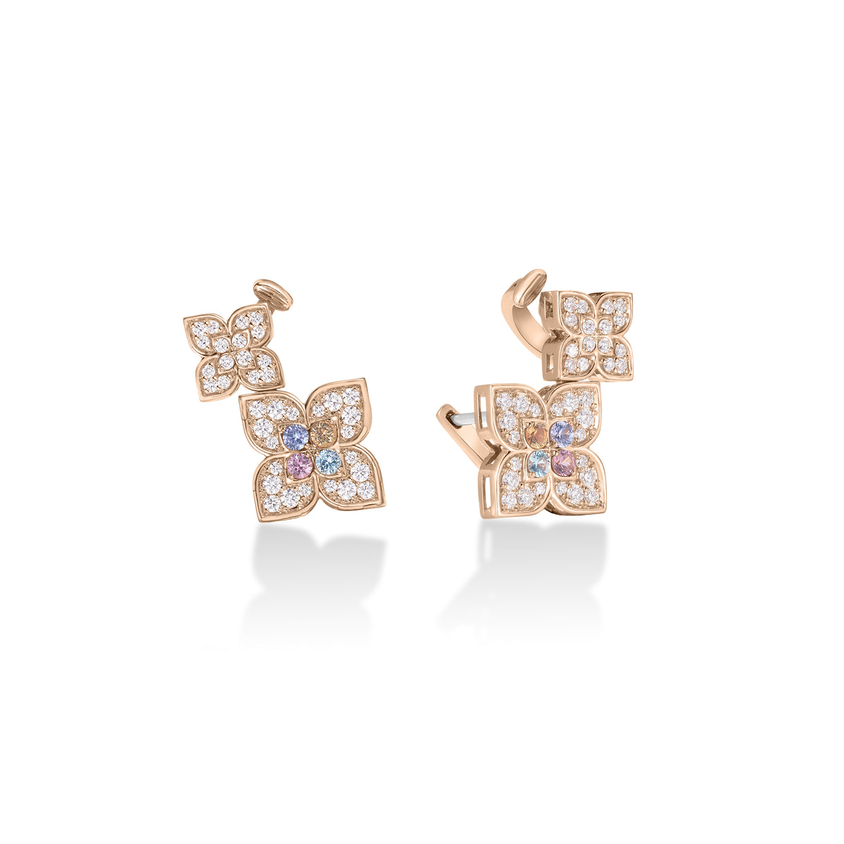 18K Rose Gold Venetian Princess Carnival Pave Diamond & Mixed Stones (Tanzanite, Blue Topaz, Rubellite, & Citrine) Double Flower Climber Earrings