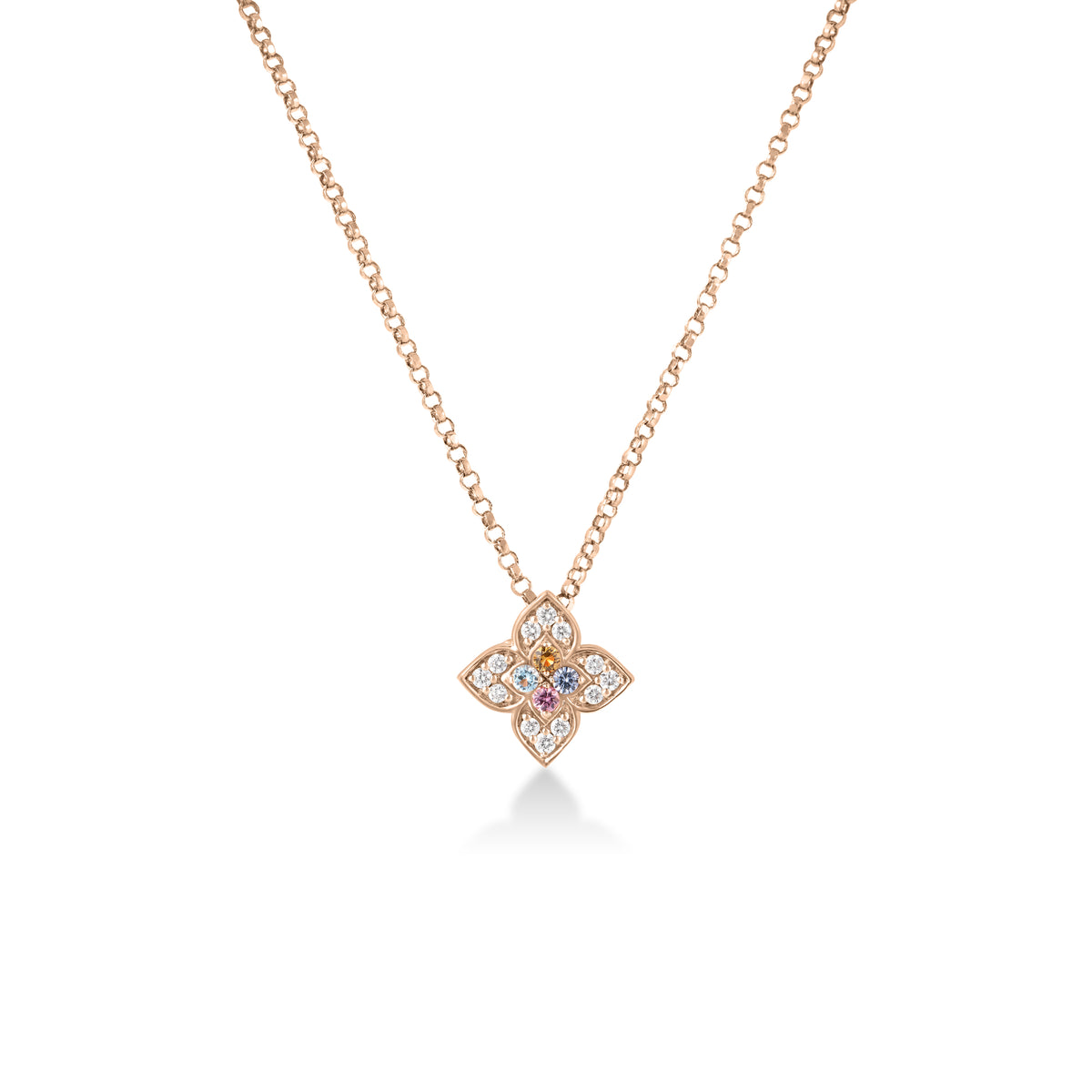 18K Rose Gold Venetian Princess Carnival Pave Diamond & Mixed Stones (Blue Topaz, Citrine, Rubellite, & Tanzanite) Small Flower Necklace