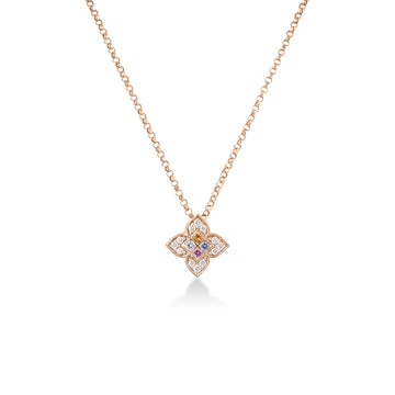 18K Rose Gold Venetian Princess Carnival Pave Diamond & Mixed Stones (Blue Topaz, Citrine, Rubellite, & Tanzanite) Small Flower Necklace
