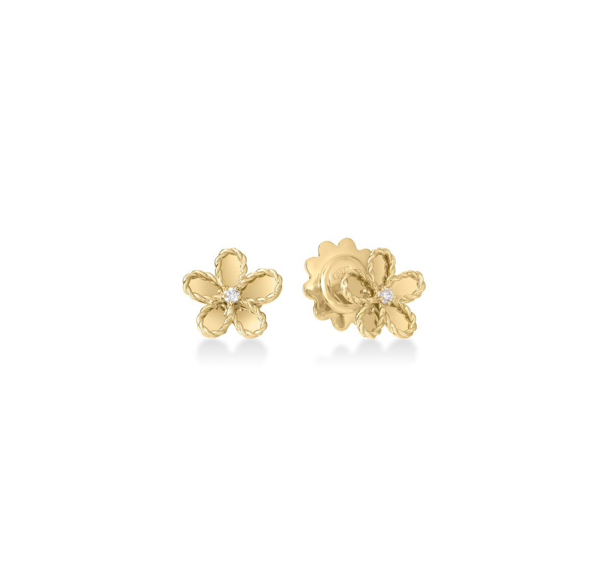 18k Yellow Gold Jasmine Diamond & Polished Finish Small Flower Earrings
