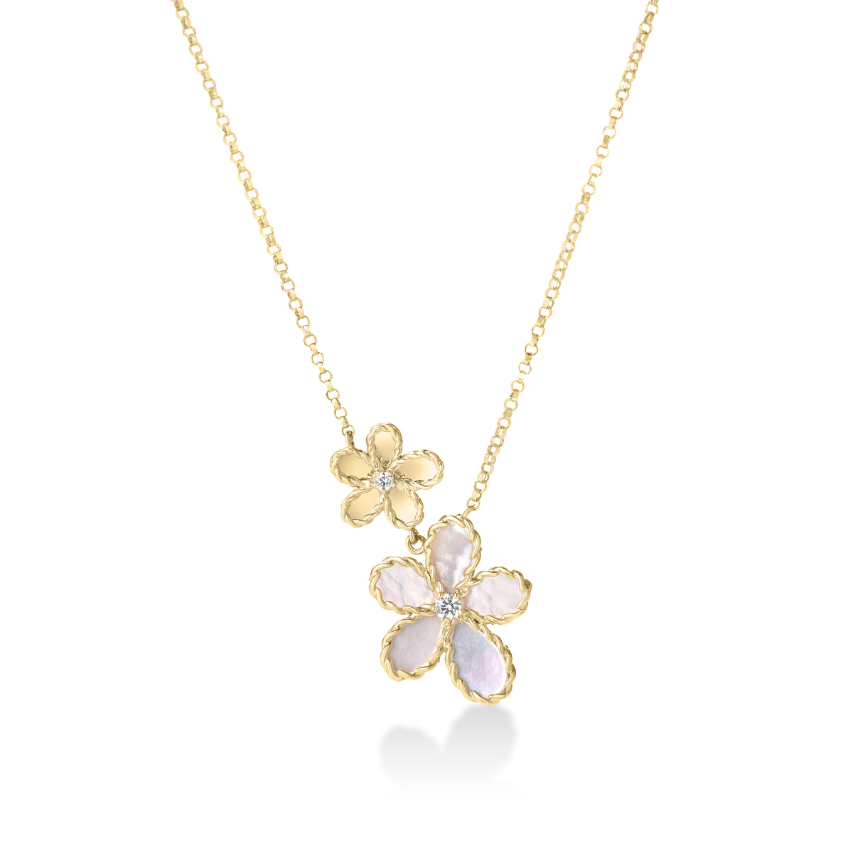 18k Yellow Gold Jasmine Diamond & Mother Of Pearl Double Flower Necklace