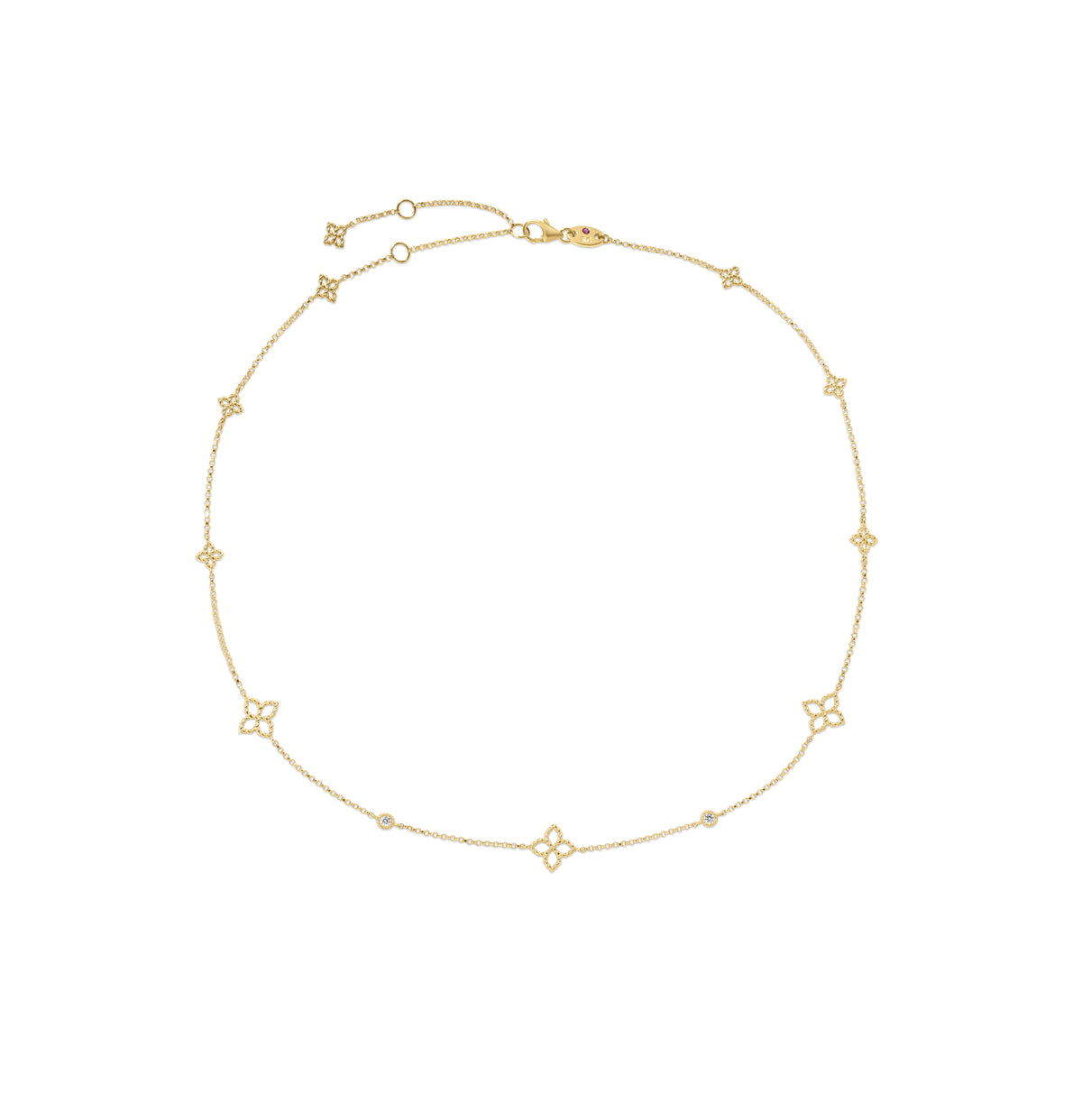 18k Yellow Gold Princess Flower Diamond & Flower Station Necklace