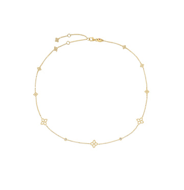 18k Yellow Gold Princess Flower Diamond & Flower Station Necklace