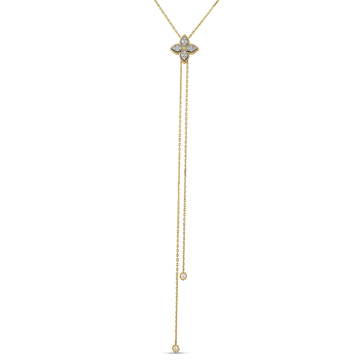 18K Yellow/White Gold Princess Flower Pave Diamond Lariat Necklace
