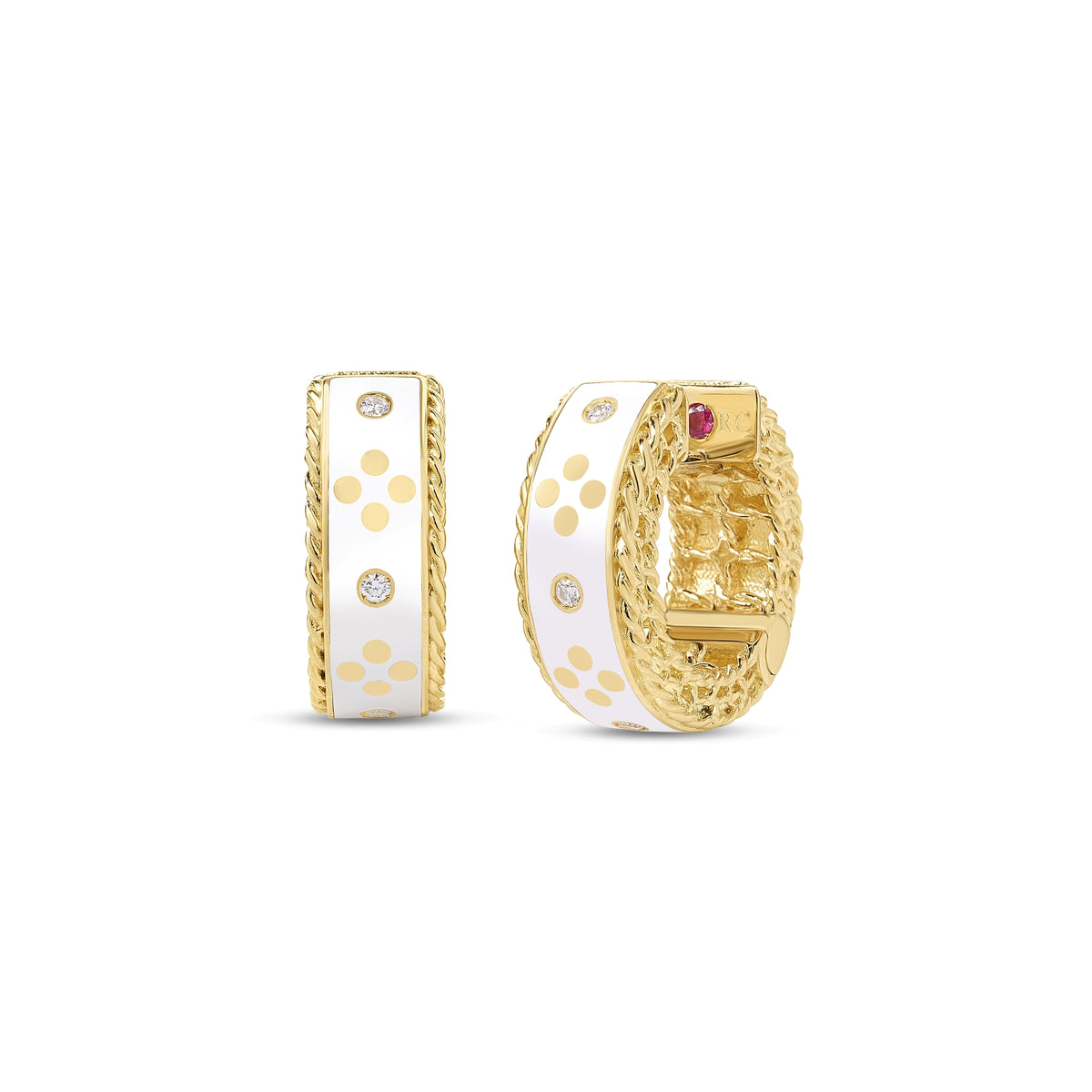 18k Yellow Gold Venetian Princess Diamond And White Enamel Hoop Earrings