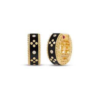 18k Yellow Gold Venetian Princess Diamond And Black Enamel Hoop Earrings thumbnail