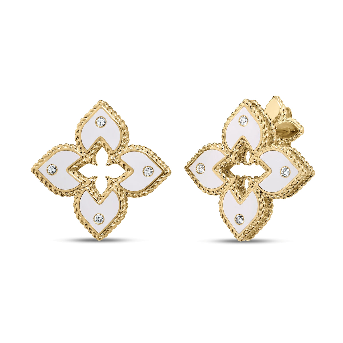 18k Yellow Gold Venetian Princess Diamond And White Enamel Flower Stud Earrings
