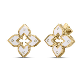 18k Yellow Gold Venetian Princess Diamond And White Enamel Flower Stud Earrings thumbnail