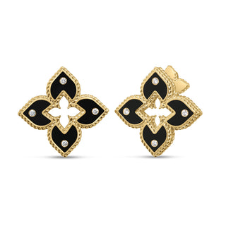 18k Yellow Gold Venetian Princess Diamond And Black Enamel Flower Stud Earrings thumbnail