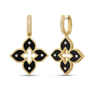18k Yellow Gold Venetian Princess Pave Diamond And Black Enamel Flower Drop Earrings thumbnail
