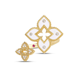 18K Yellow Gold Venetian Princess Diamond And White Ceramic Enamel Double Flower Bypass Ring thumbnail