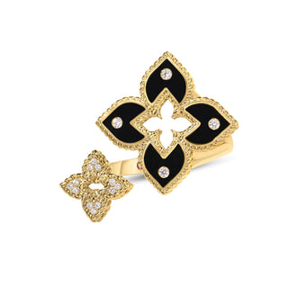 18k Yellow Gold Venetian Princess Diamond And Black Enamel Double Flower Bypass Ring thumbnail