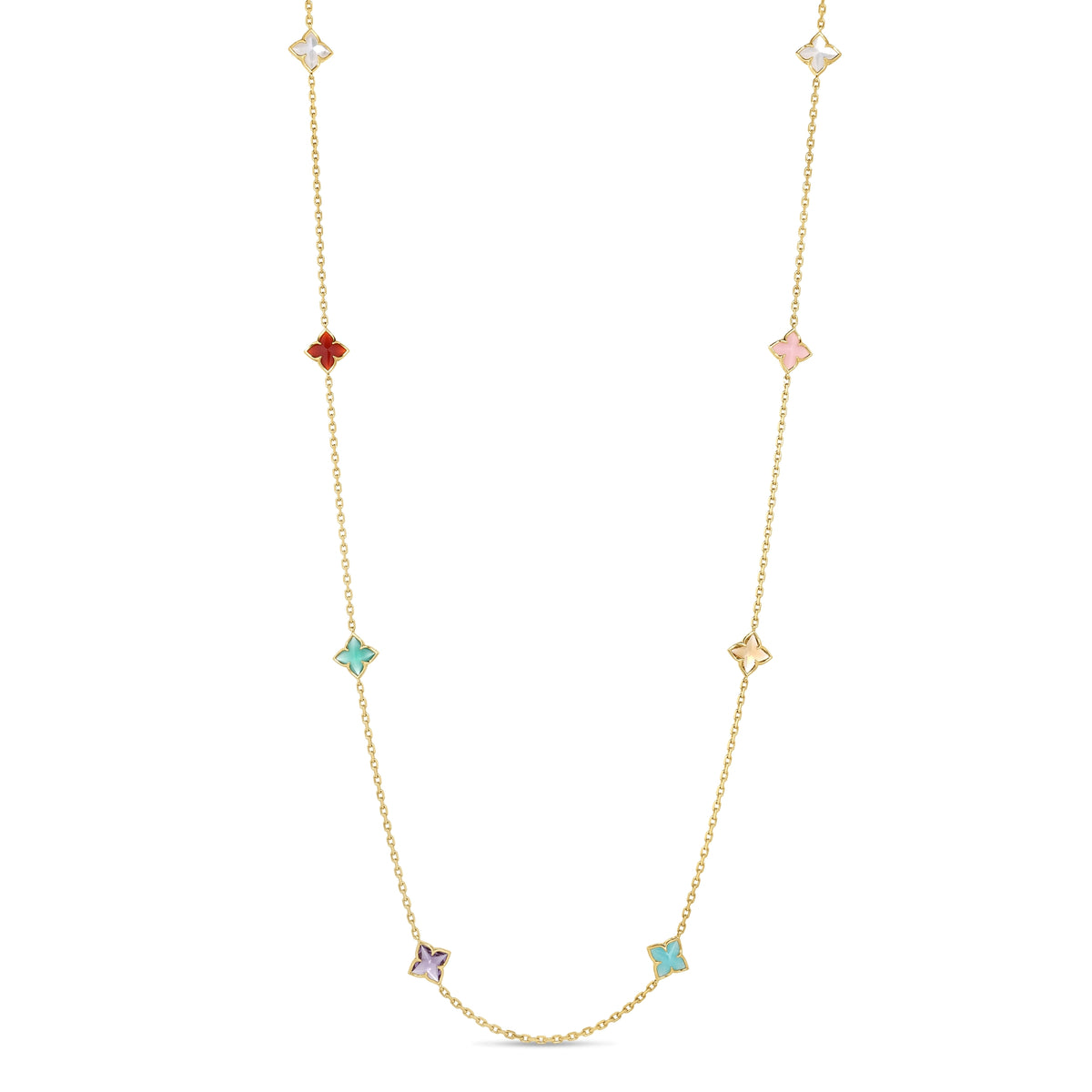 18K Yellow Gold Venetian Princess Carnival Mixed Stones (Amazonite, Amethyst, Citrine, Green Agate, Mother Of Pearl, Pink Opal, & Red Agate) Flower Station Long Necklace