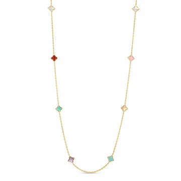 18K Yellow Gold Venetian Princess Carnival Mixed Stones (Amazonite, Amethyst, Citrine, Green Agate, Mother Of Pearl, Pink Opal, & Red Agate) Flower Station Long Necklace