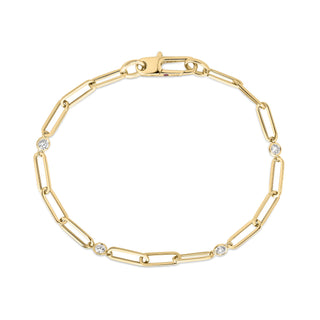 18k Yellow Designer Gold Diamond Station And Paperclip Link Chain Bracelet thumbnail