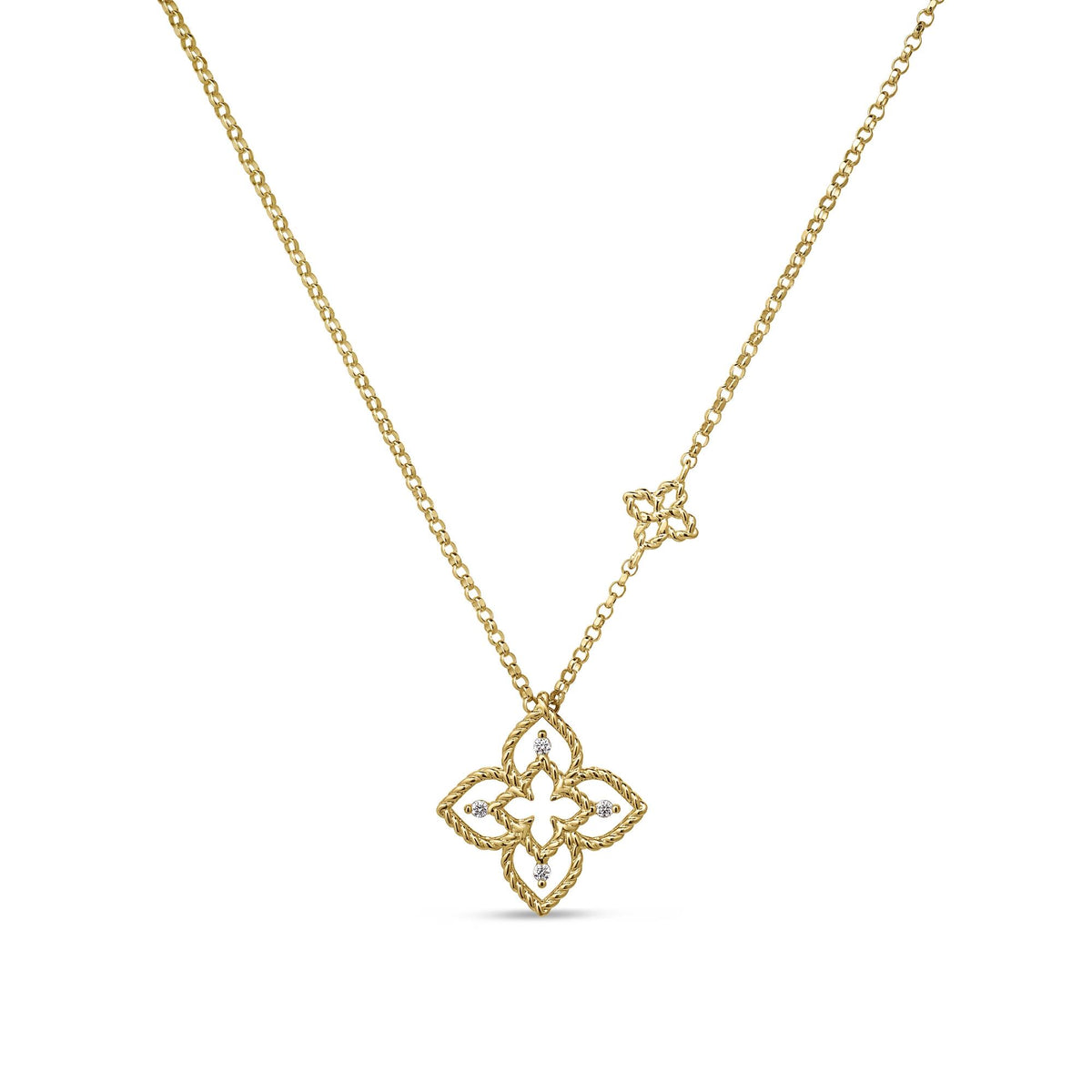 18K Yellow Gold Princess Flower Petite Open Frame Diamond Necklace