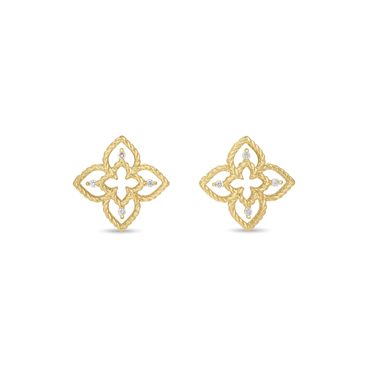 18K Yellow Gold Princess Flower Petite Open Frame Diamond Stud Earrings