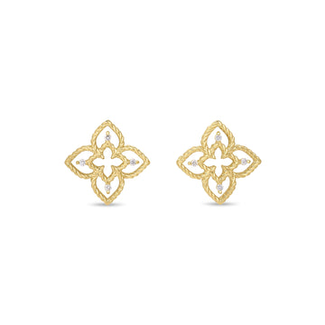 18K Yellow Gold Princess Flower Petite Open Frame Diamond Stud Earrings