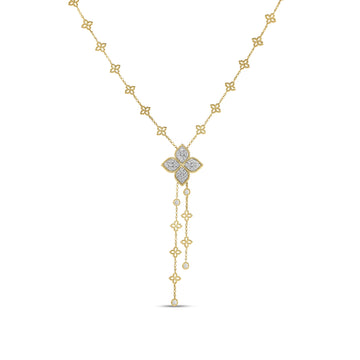 18k Yellow Gold  Princess Flower Diamond Lariat Necklace