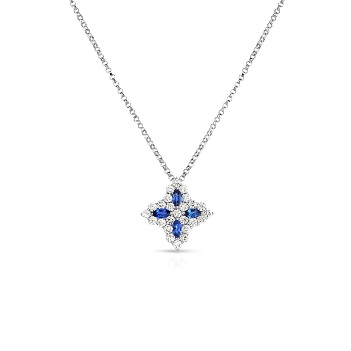 18k White Gold Diamond Princess Medium Diamond & Blue Sapphire Necklace