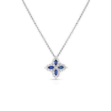 18k White Gold Diamond Princess Medium Diamond & Blue Sapphire Necklace