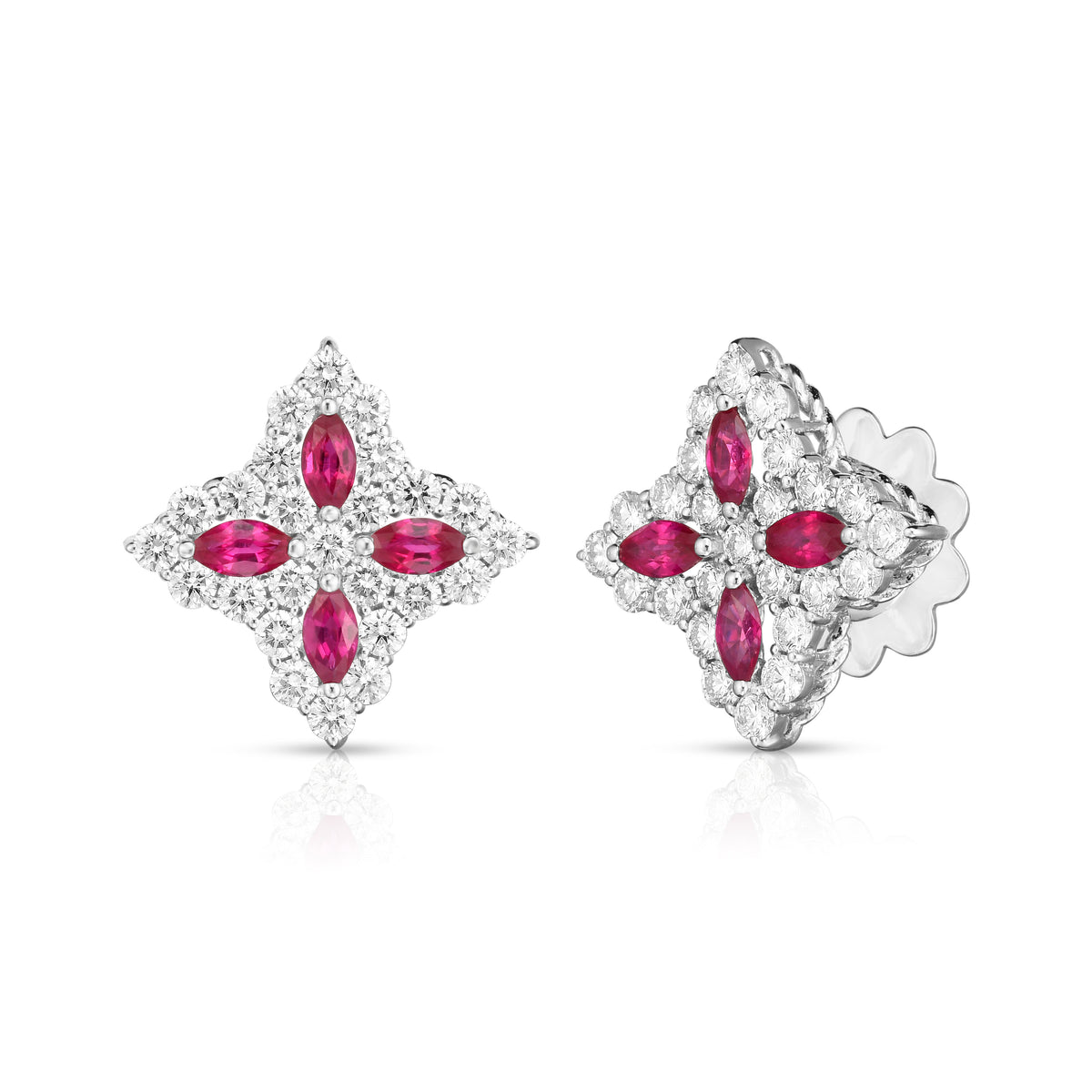 18k White Gold Diamond Princess Medium Diamond & Ruby Stud Earrings