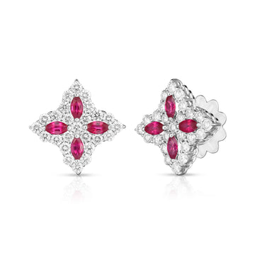 18k White Gold Diamond Princess Medium Diamond & Ruby Stud Earrings