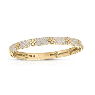 18k Yellow Gold Love In Verona Pave Diamond & Polished Flower Bangle thumbnail